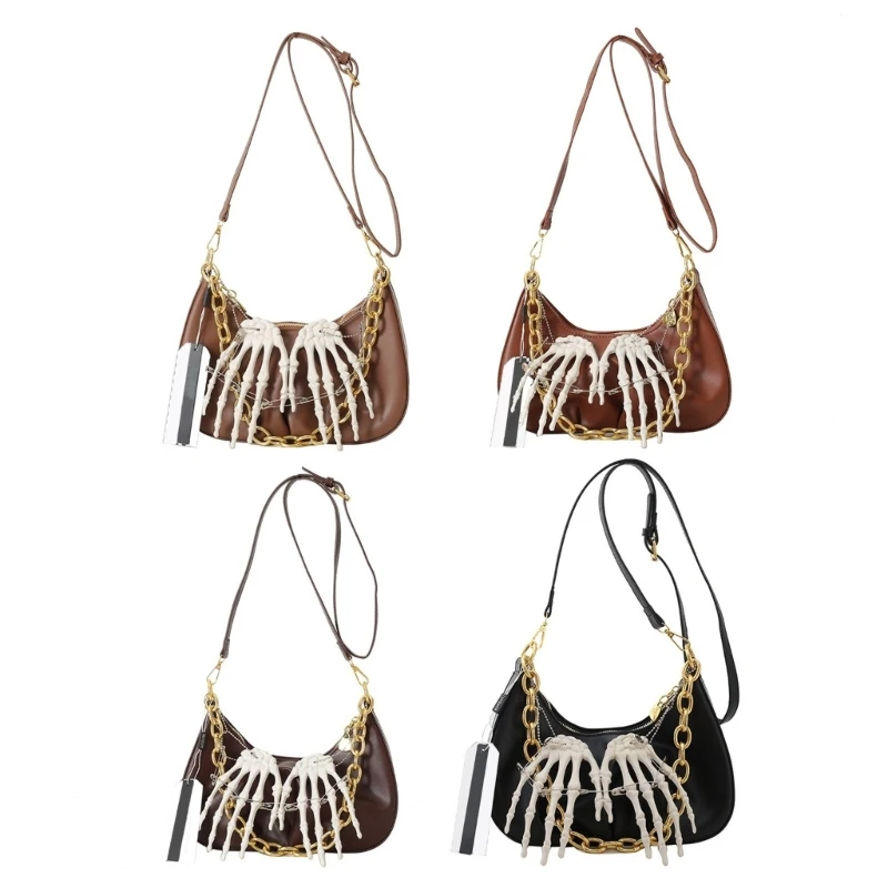 

Women PU Leather Armpit Bag with Chain Skeleton Pendant Crossbody Handbag