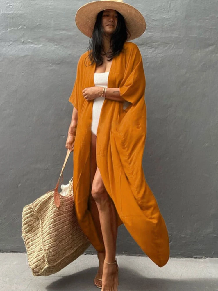 Beach Cover Up Kimono Women Summer 2022 New Pareo Swimsuit Cape Solid Bohemian Tunic Dresses Bathing Suits Dropshipping 5