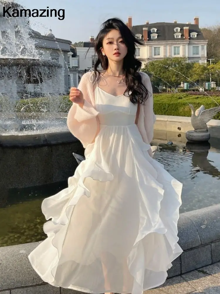 

Summer Solid Ruffles Fairy Dress Women Elegant Backless Spaghetti Straps Beach Dresses Female Evening Party Vestidos Clothing