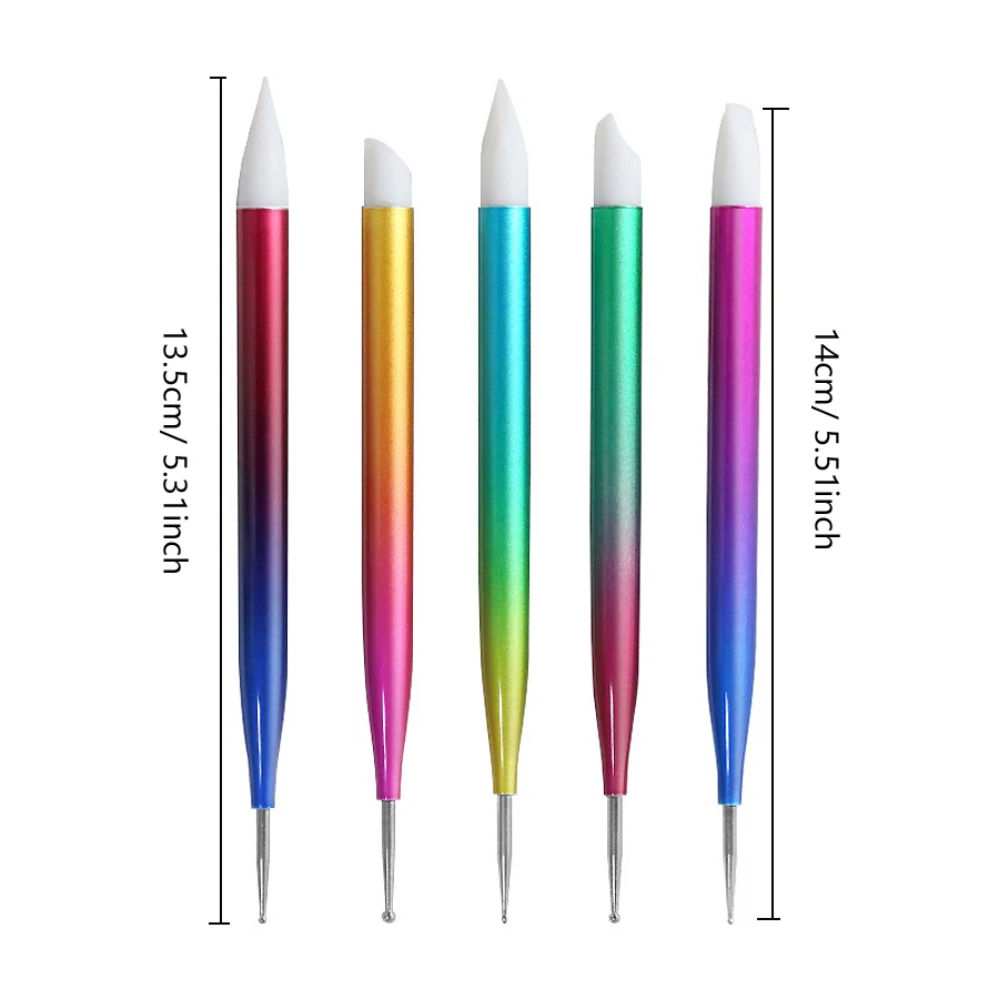 5Pcs Set of Dual-Use Nail Art Pens, Nail Dotting Pens with Silicone Rhinestone Picker for Nail Designs Carving 6