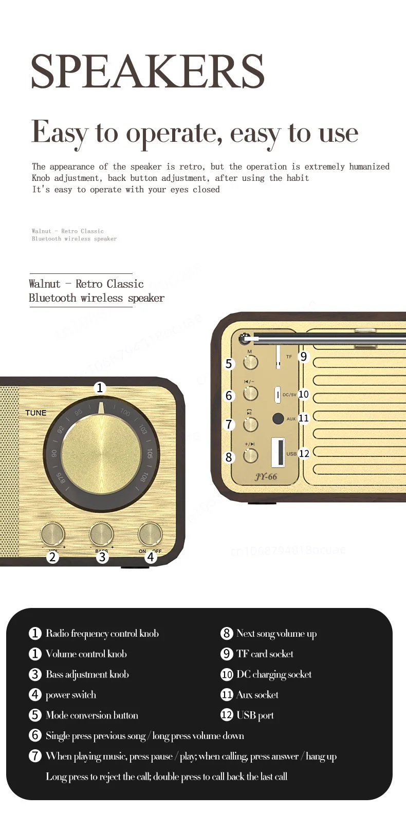 Portable BT 5.0 Super Powerful Retro Bluetooth Speaker Wooden Strong Bass with 1
