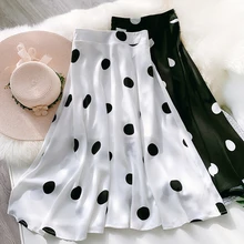 

2022 New Fashion Black White Polka Dot A-Line Chiffon Beach Boho Skirt Women Summer Mid-length Vintage Elastic High Waist Skirts