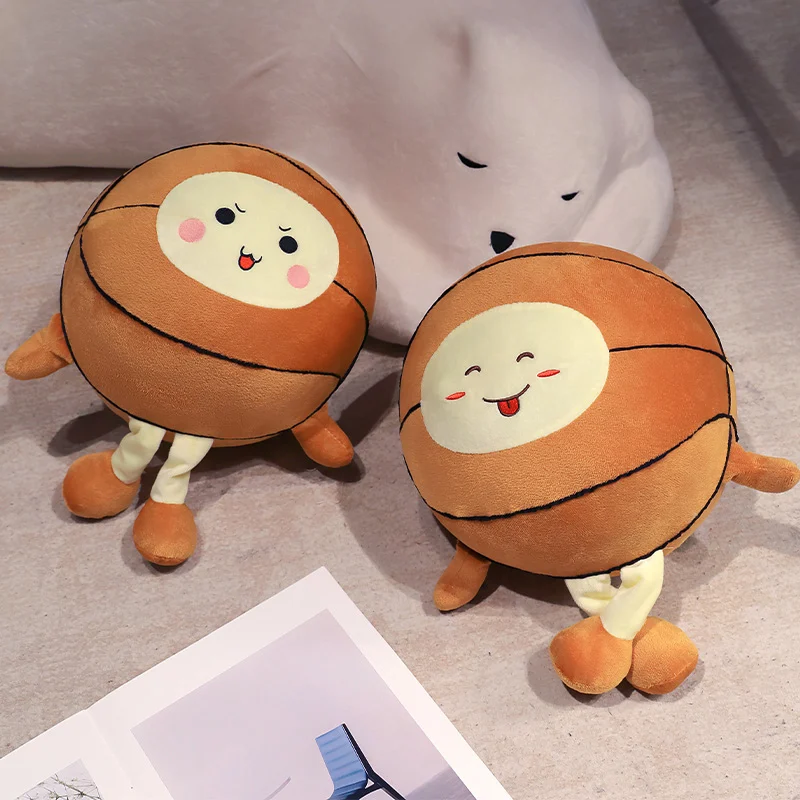 귀여운 얼굴 농구 공 봉제 장난감, 다크 브라운 컬러 스포츠 봉제 인형, 팔과 다리, 어린이 인터랙티브 선물, 25x25cm