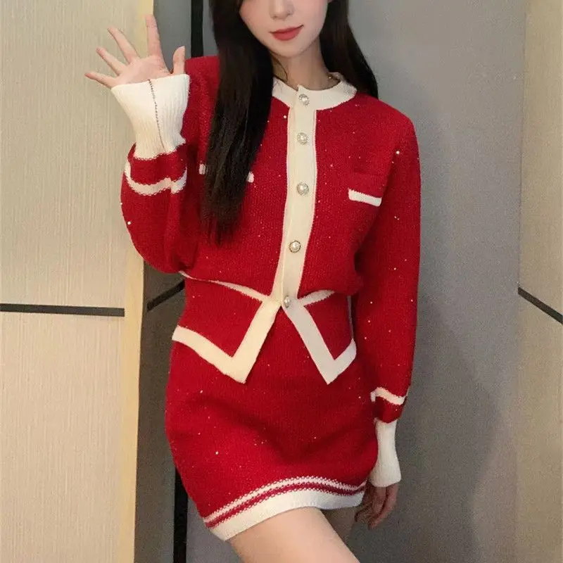 Xiaoxiangfeng Elegant Outfits Women's Spring Autumn New Fashion Knitted Cardigan Top Wrapped Hip Half Skirt Two Piece Set