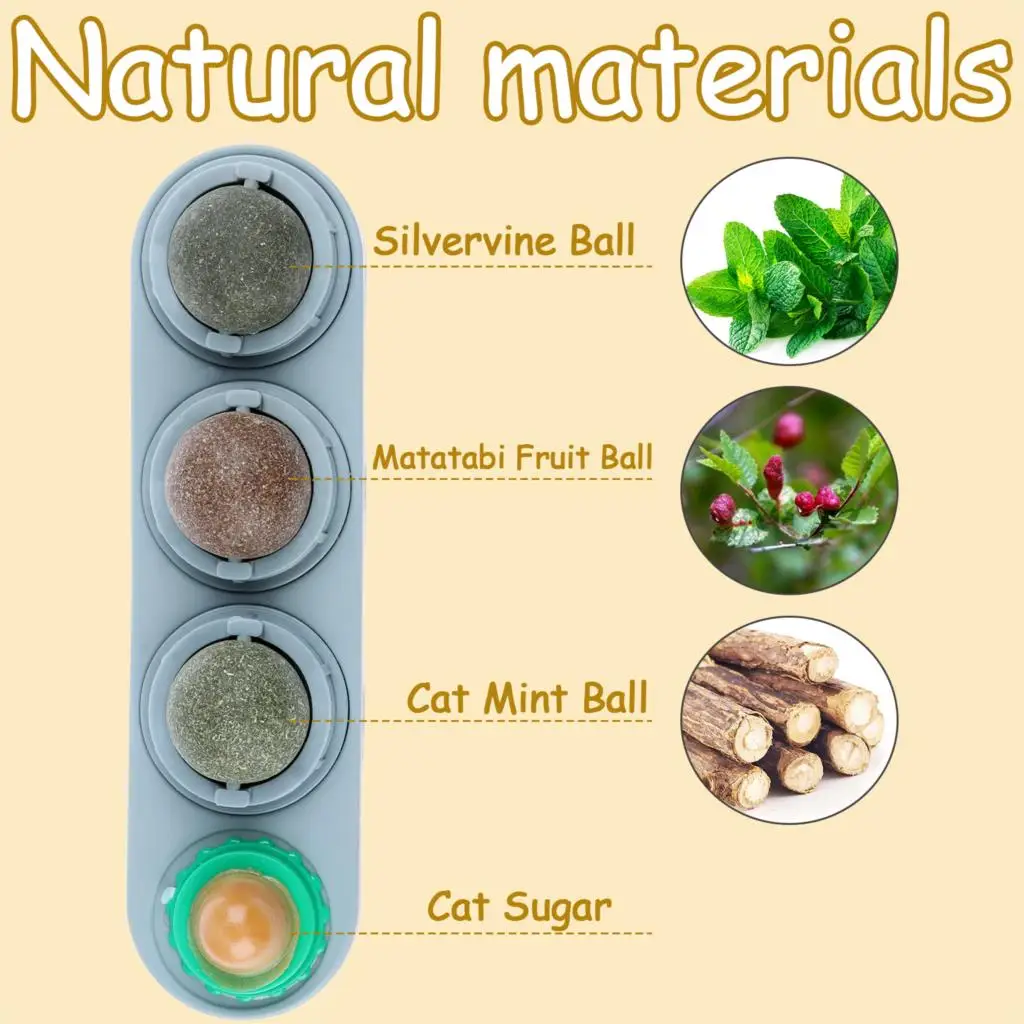 4pcs/set Catnip Ball Set Cat Treat Toys Snack Self-Adhesive Teething Molar Catnip Ball Ball Rotated Wall For Cats Mount Toy