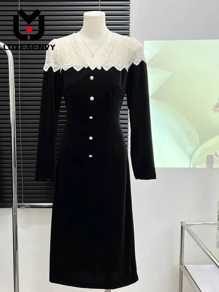 

LUXE&ENVY French haute velvet dress women's autumn and winter socialite black velvet evening dress