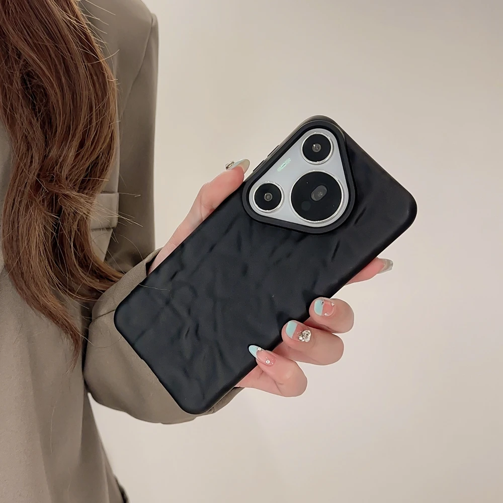 Coque de téléphone à plis 3D noir mat pour Huawei P40 P50 P60 Mate 30 40 50 60 Pro Pura 70 Pro Ultra Honor 50 Soft Cover_voghion.com