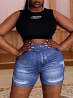 Plus-size women's skinny shorts imitation denim print women's fashion casual high stretch summer sports pants - Image 2