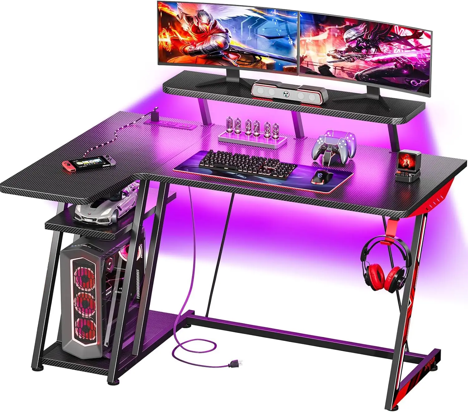 

L Shaped Gaming Desk with LED Lights & Power Outlets, Gaming Computer Desk 47inch with Storage Shelf, Corner Desk with Carbon ,