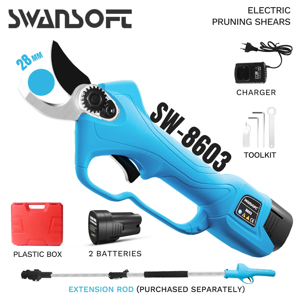 SWANSOFT 電動剪定バサミ 切断径28mm 軽量コードレス電動剪定鋏 2pcs 16.8V 2Aバッテリーを備えた 充電式剪定ばさみ 8603 28mm コードレス電動剪定鋏 剪定ばさみ 軽量でパワフルSWANSOFT