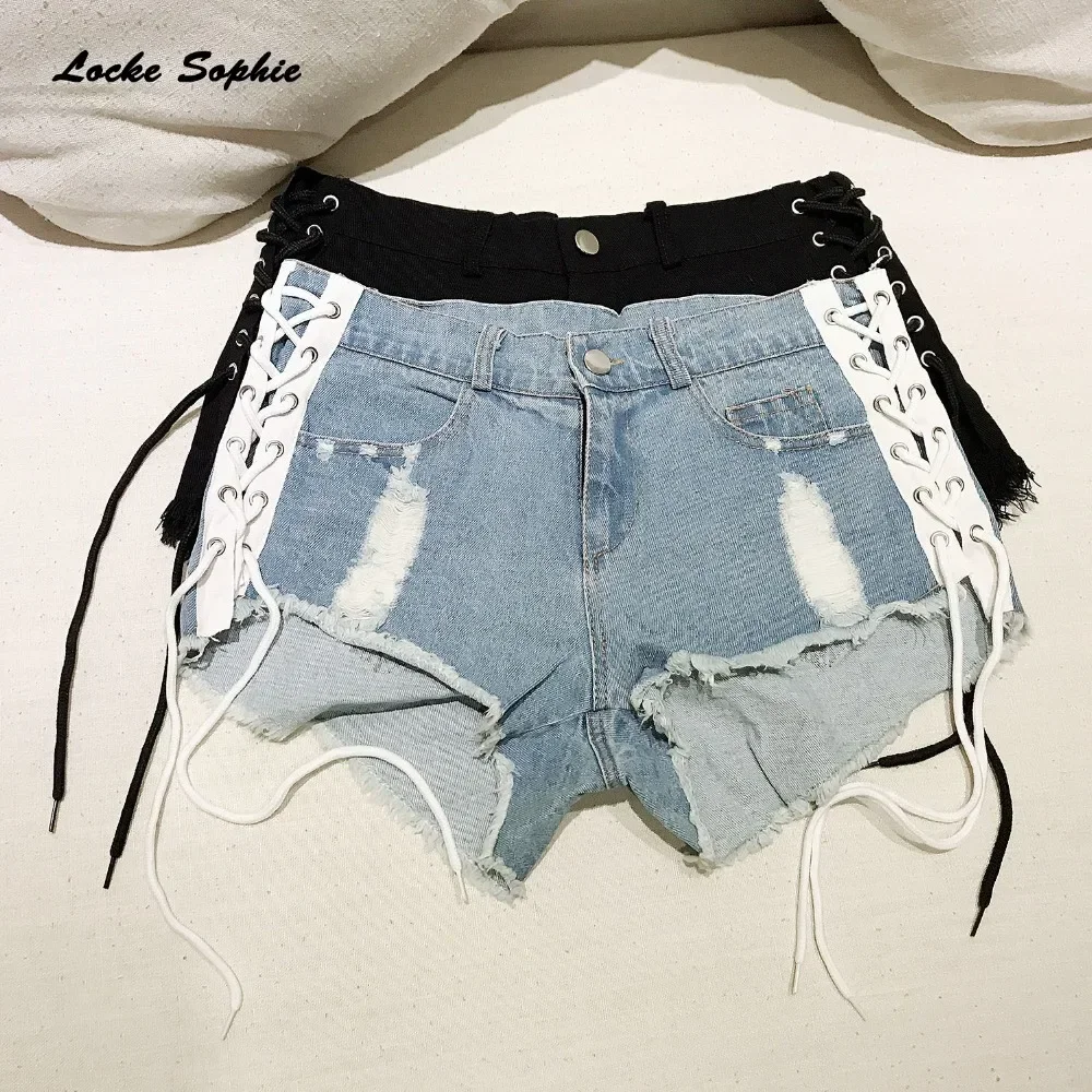 1pcs High waist Sexy Women jeans denim shorts 2021 Summer Fashion Denim Bandage shorts Ladies Skinny super Nightclub short jeans