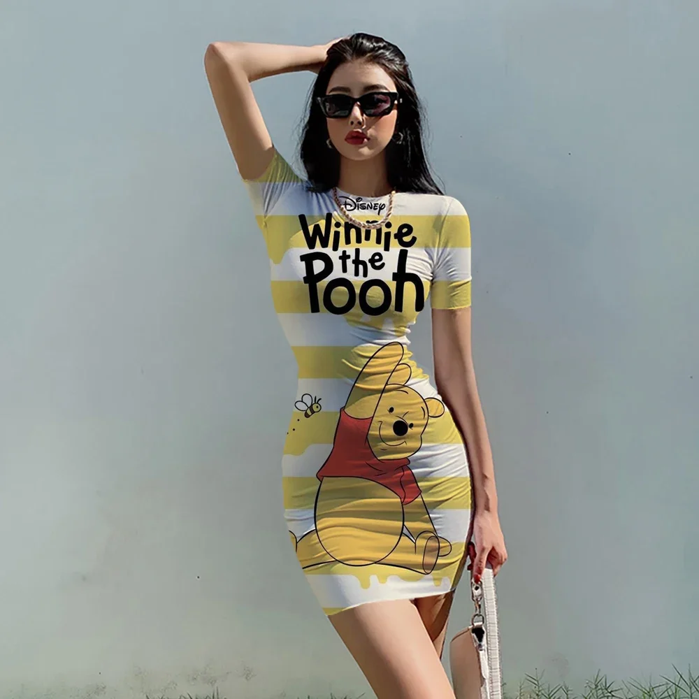 Disney Winnie the Pooh Women Summer Sexy Dress Cartoon 3d Print  Club Party Fashion Dresses Bodycon Short Sleeve Dress Slim 3