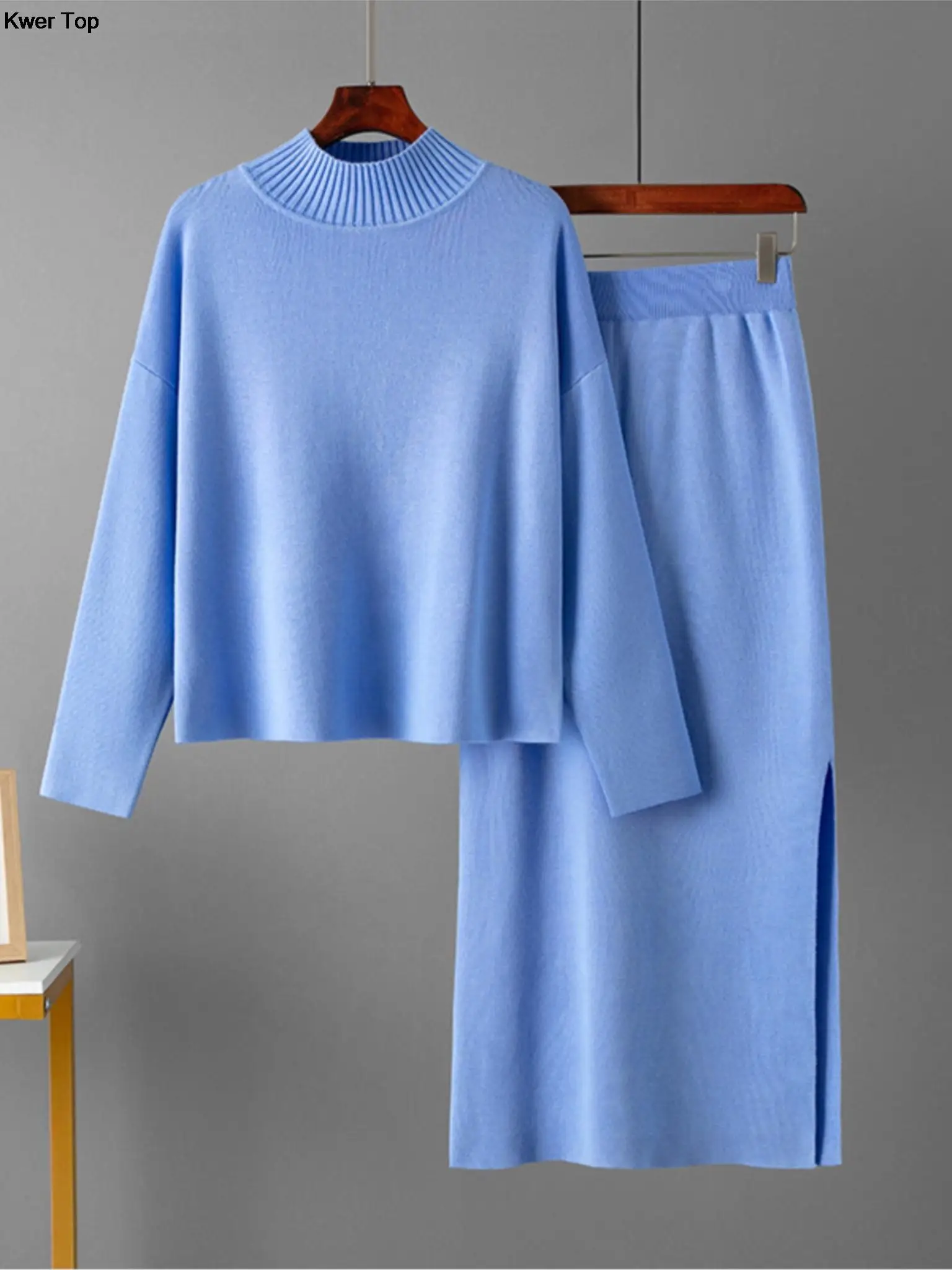 

Women Fashion Knitted Split Skirt Suit Autumn Casual Loose Sweater Pullover Bodycon Skirts 2 Piece Set Winter Elegant Outifits