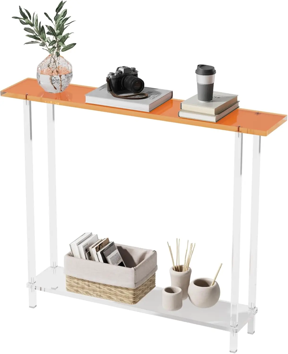 Sleek Modern 2-Tier Acrylic Console Table, 39.4″” L X 7.6″” W X 31.5″” H – Entryway Table For Hallway, Living Room, Sofa Side,