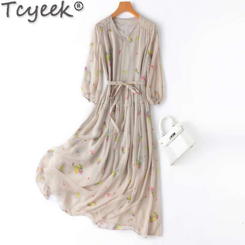 

Tcyeek 100% Real Mulberry Silk Dresses Lace-up Long Party Dress Spring Summer Women's Dress Elegant Dresses for Women 2024