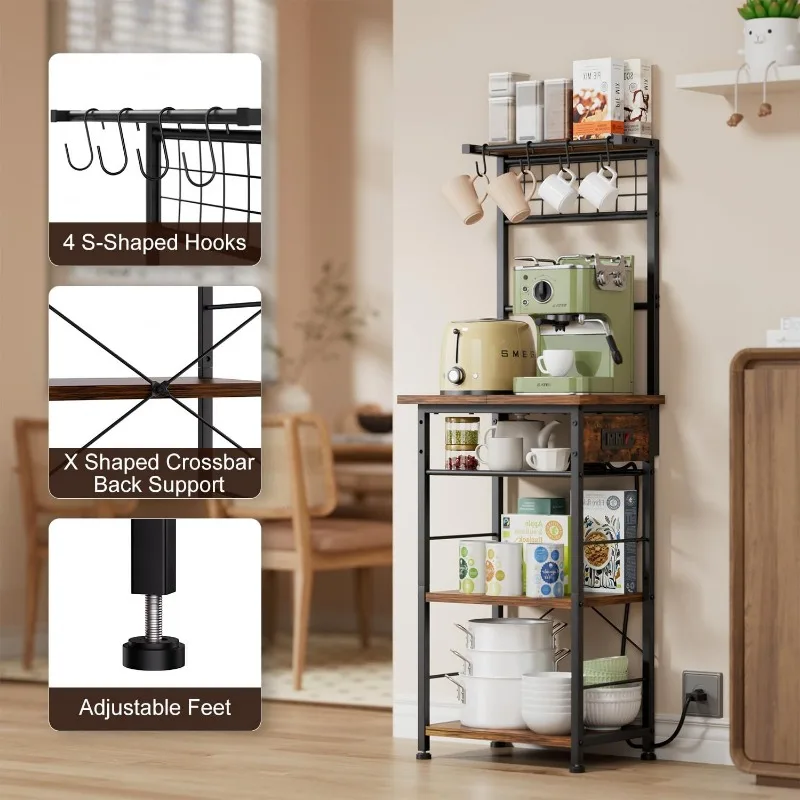 5 Tier Coffee Bar Station with Power Outlets,Bakers Rack for Small Space,Large Storage Space Coffee Cart with 4 Hooks 5