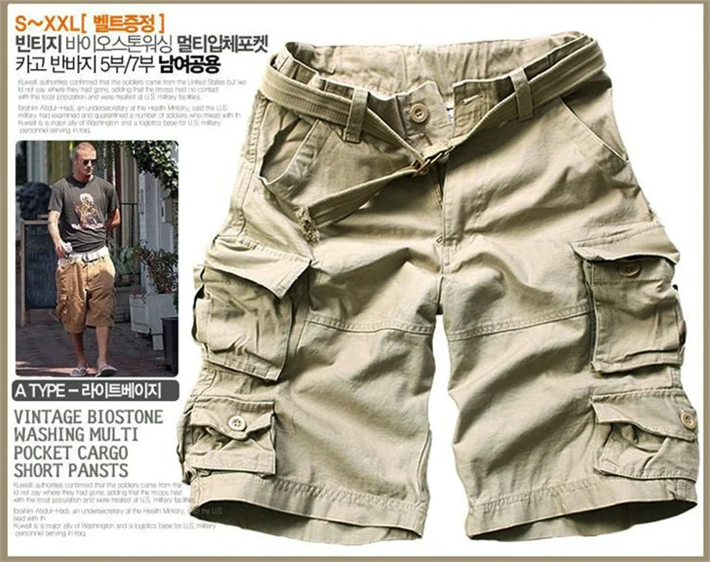 New Summer Multi-pocket Camouflage Mens Shorts Casual Loose Camo Knee-length Mens Cargo Shorts With Belt S-3XL