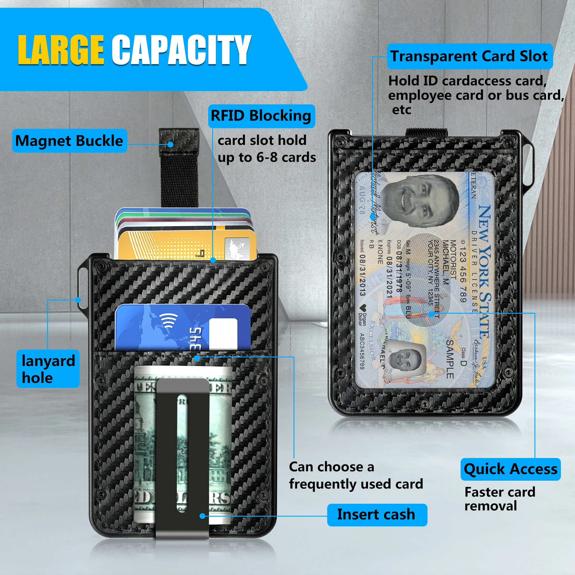 Wallet For Men Aluminum Slim Carbon Fiber Leather Holds 10 Cards Card Holder Clear ID Card Holder Cash Clip