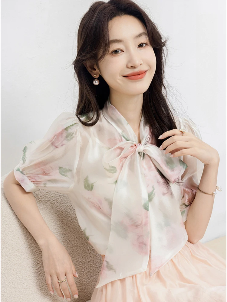 꽃무늬 프린트 우아한 블라우스, 반팔 상의, 루즈 셔츠, 2024 여름 캐주얼 여성복, 패션