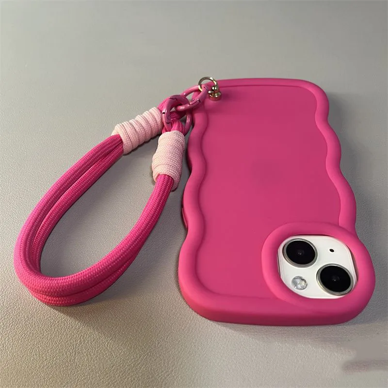Candy Color Shockproof Phone Case with Hand Rope Strap and Curly Wave Design