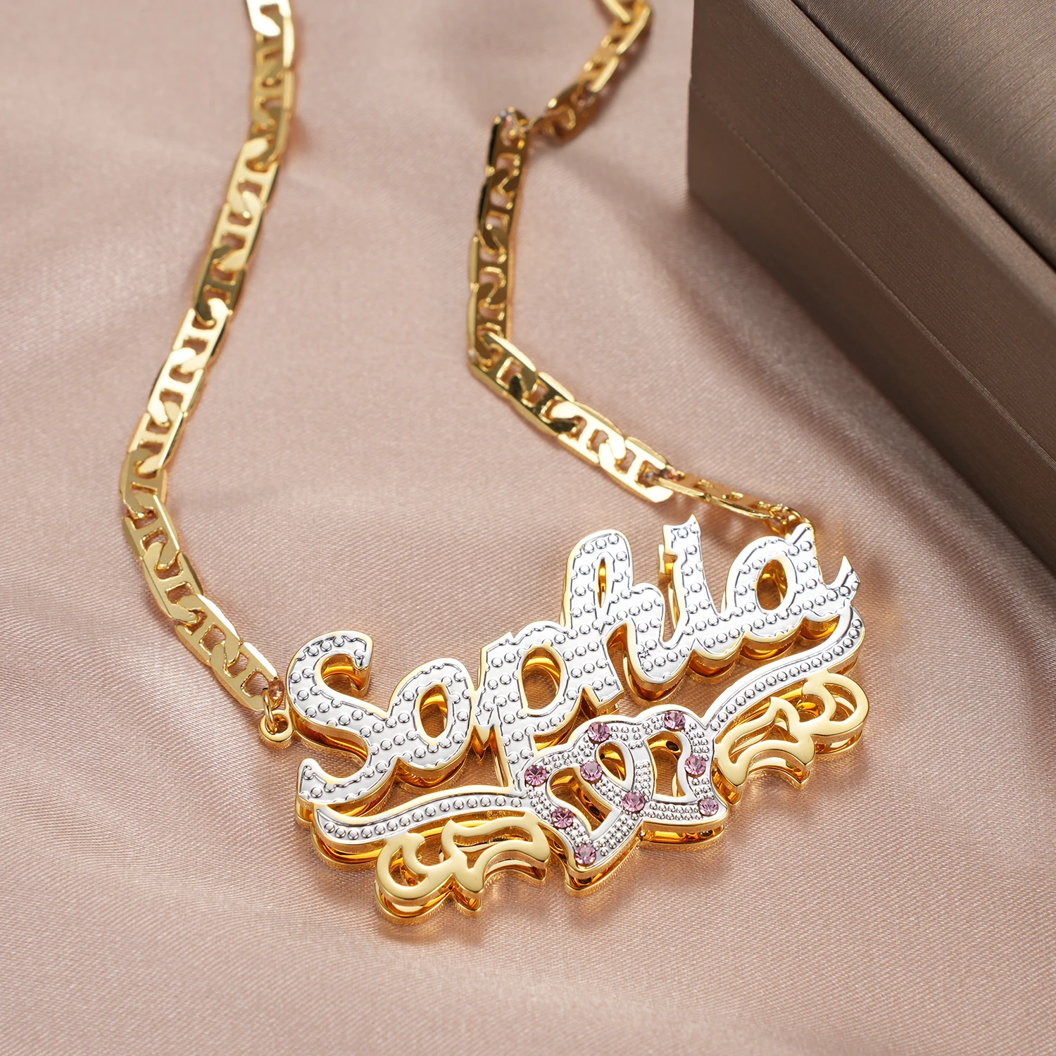 

Personalized Nameplate Name Necklace Custom 3D 18KGold Plated Double Diamond Choker Pendant Two-Tone Chain For Women