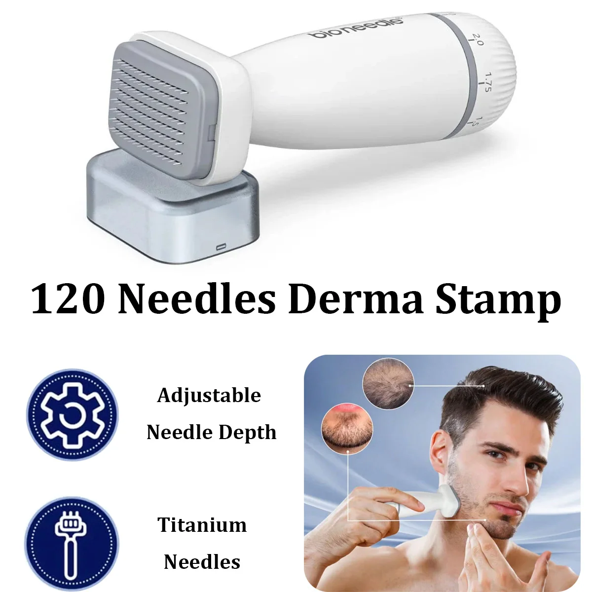 Bio 120 aiguilles 0,2 mm – Derma Stamp réglable, outil portable de massage du cuir chevelu et de soin de la peau pour le visage, le cuir chevelu, la barbe et le corps 1