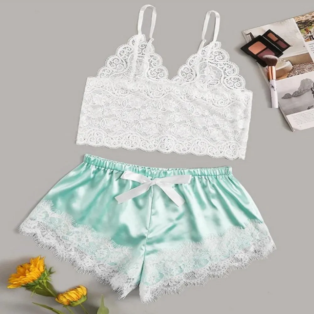 Sexy Lace Silk Sleepwear Two Piece Set of Suspender Shorts for Women Pajamas Set Lingerie Crop Tops Shorts Nightwear women pajamas set,women pajama suit,women silk underwear set
