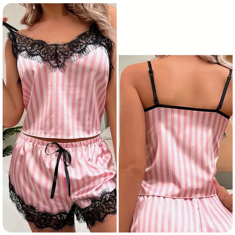 Sexy Women Striped Pajama Set Cami Top and Shorts Set with Lace Trim Sleepwear Loungewear  Nightwear Fashion Pink Plus Size