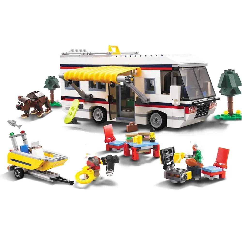 792pcs 3 In 1 Camper Summer Home Bricks Compatible 3117 Vacation Getaways DIY Model Building Block Toys for Children Gifts