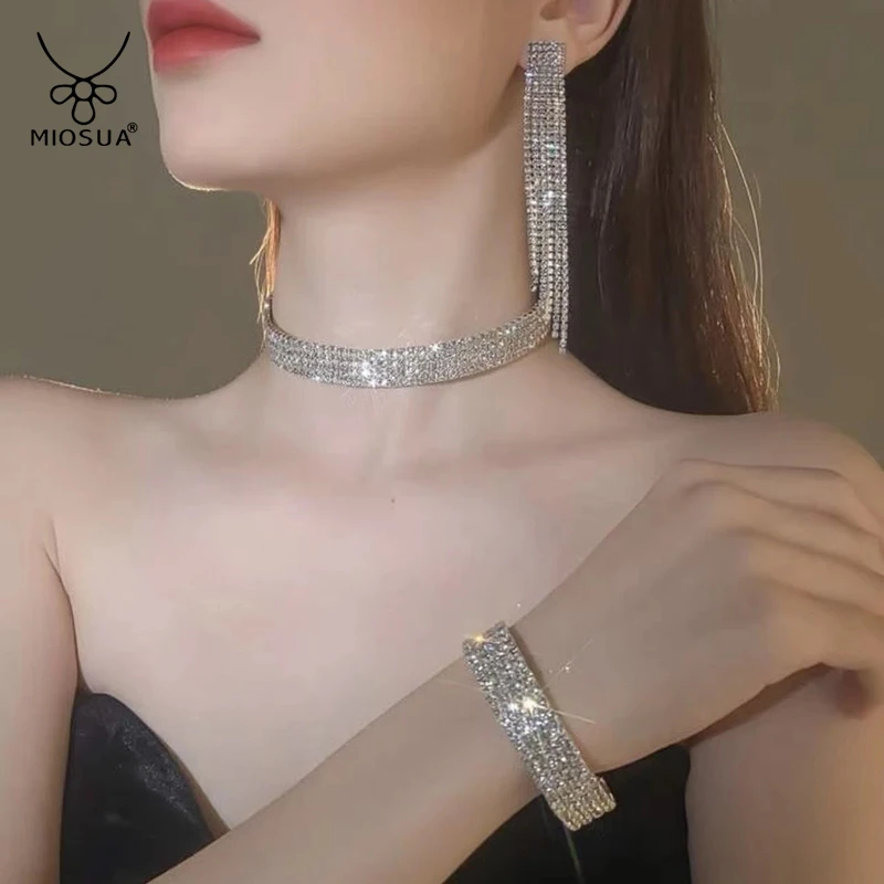 

Luxury Crystal Bride Jewelry Set Rhinestone Wedding Dress Banquet Zircon Chain Necklace Dangle Earring Sets Ladies Accessories