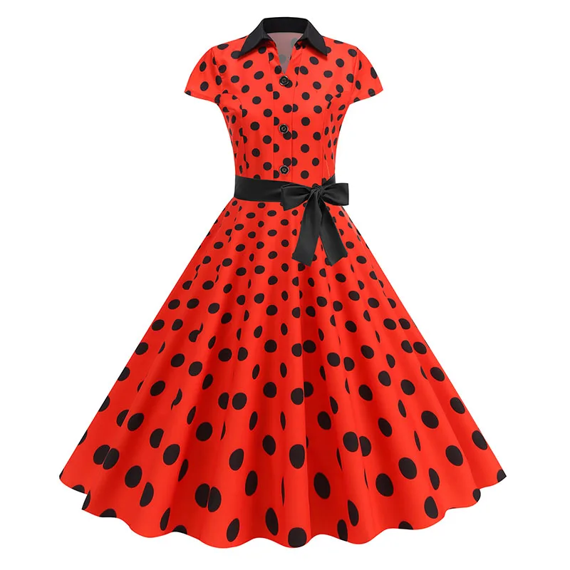 Elegantes Vintage 1950er Jahre Damen Sommerkleid Polka Dot Print Umlegekragen Party Sommerkleid mit Gürtel – Detail 18
