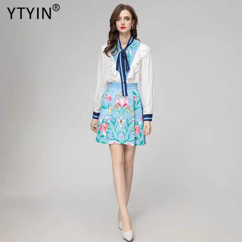 YTYIN 레이스업 V넥 패치워크 플로럴 러플 프린트 캐주얼 상의, 스터드 다이아몬드 A 라인 짧은 미니 스커트 투피스 세트, 여름
