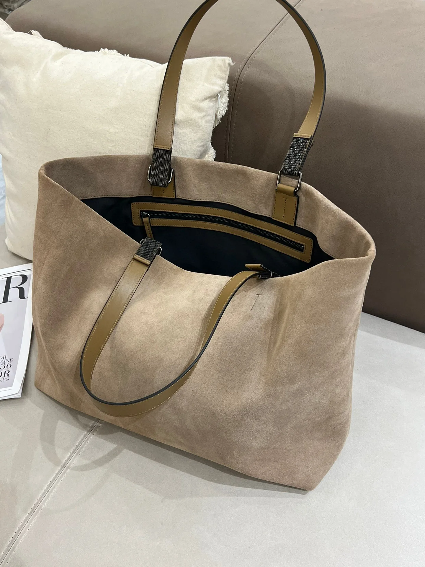 Genuine Suede Leather Beads Embellished Casual Tote Bag