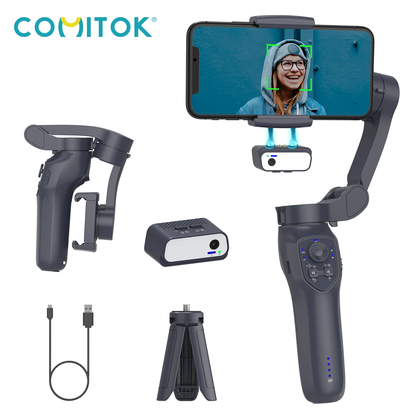 Comitok 3-Axis Handheld Gimbal Stabilizer with Al Face Tracking, Anti-Shake foriPhone Android, Vlog YouTube Video