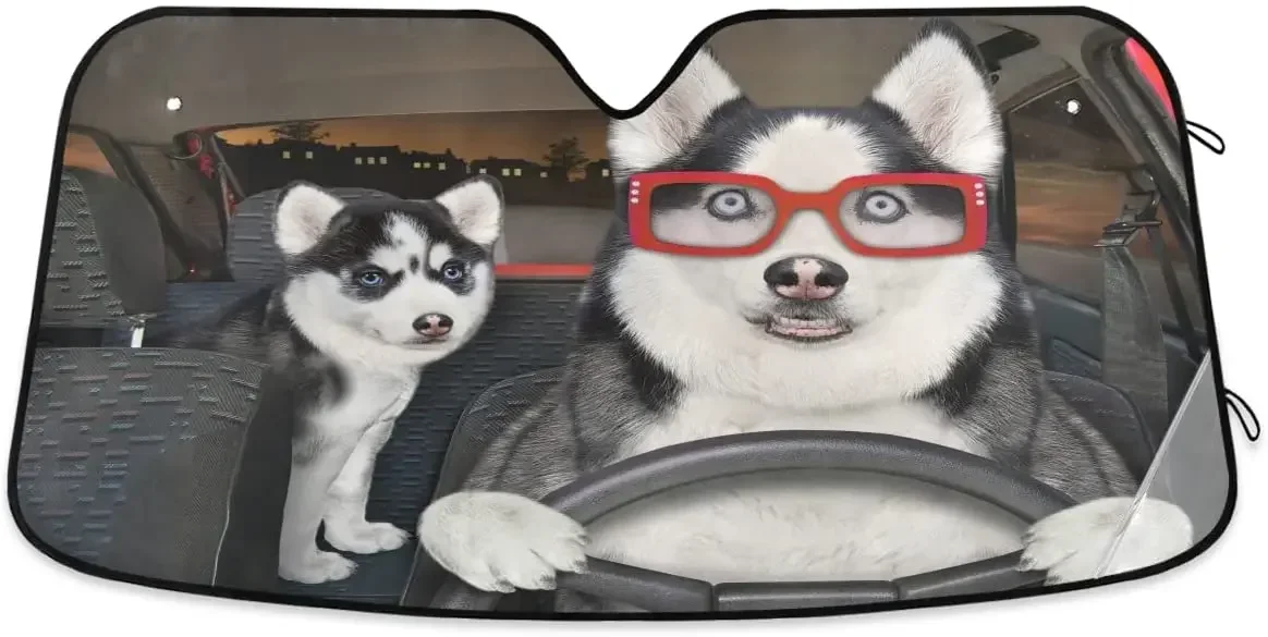 

Windshield Sun Shade Funny Dog Drive Car Husky Ram Front Window Block UV Shades Visor Reflective Retractable for Car SUV Trucks