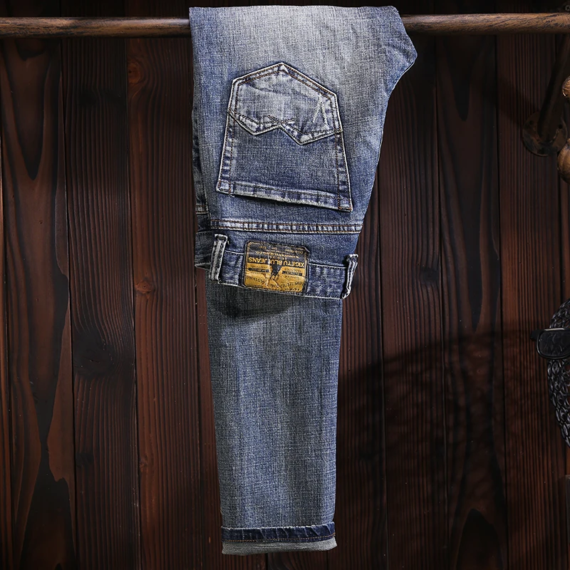 Fashion Designer Men Jeans Retro Blue Slim Fit Hole Patched Ripped Jeans Men Trousers Italian Style Vintage Denim Pants Hombre street style fashion men jeans retro wash slim fit destroyed hole ripped jeans men vintage designer casual cotton denim pants