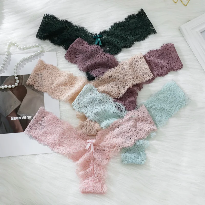 3Pcs Sexy Women G String Cute Bow Tie Lace Underwear Low Waist