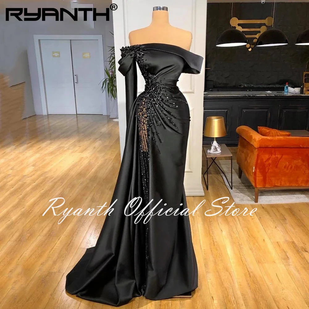 

Ryanth Off-shoulder Black Pageant Gowns Luxury Pearls Evening Dresses Formal Mermaid Sexy Prom Dresses Custom abiti da cerimonia