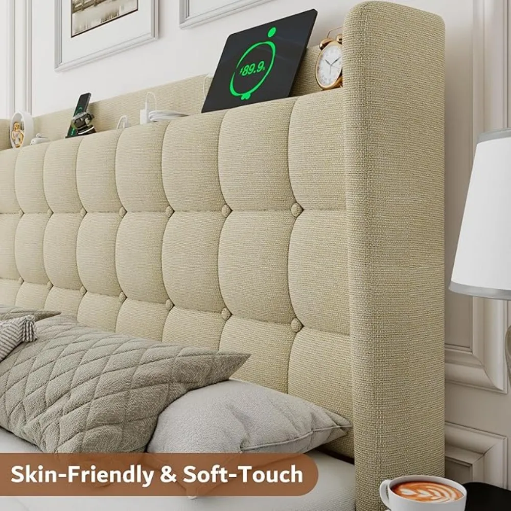 Description Picture 6 of itemQueen Bed Frame with Charging & Storage, Upholstered Platform Bed with Button Tufted Wingback Headboard, Heavy-Duty Foundation