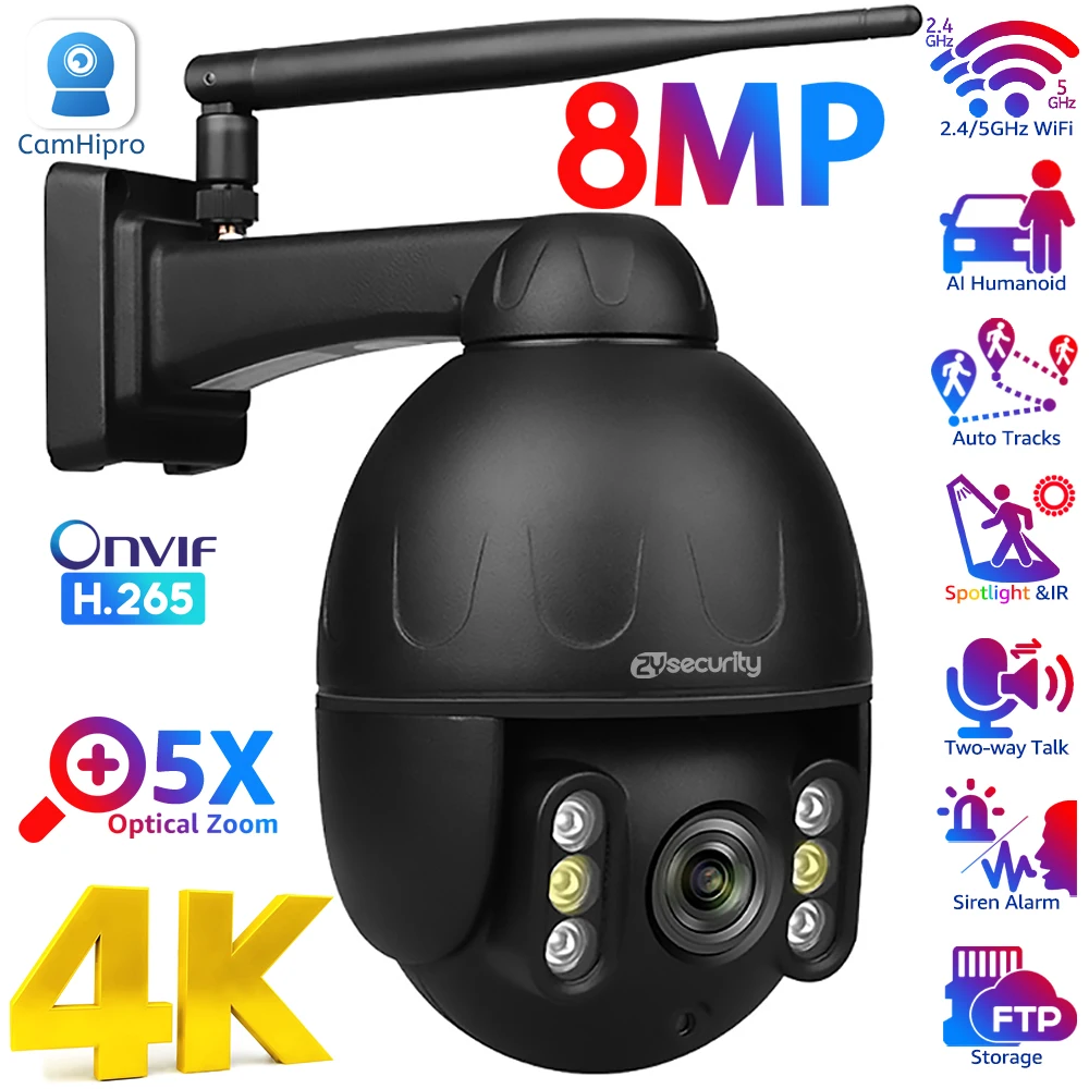 야외용 와이파이 감시 카메라, 5 배 광학 줌, 스피드 돔, PTZ 카메라, 컬러 야간 IP 카메라, CamHipro, 4K, 8MP 