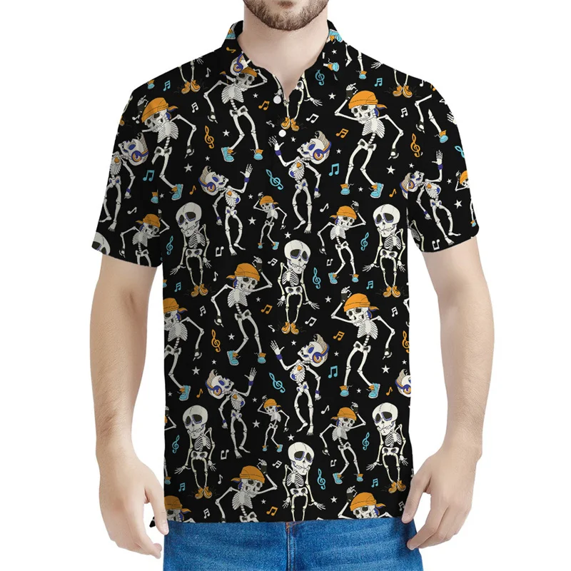 Fashion Dancing Skeleton Pattern Polo Shirt Men Summer Halloween 3D Printed Short Sleeves Tops Cool Lapel Tees Button T-shirt