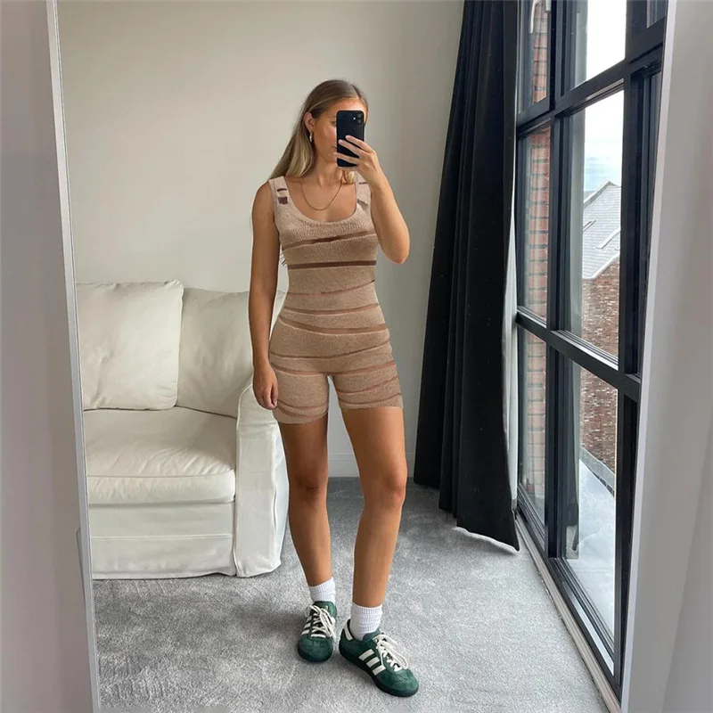 Wind 2023 Summer Women's Clothing New Sexy Mesh Stitching Knitted Solid Color High Waist Tight Casual Jumpsuit