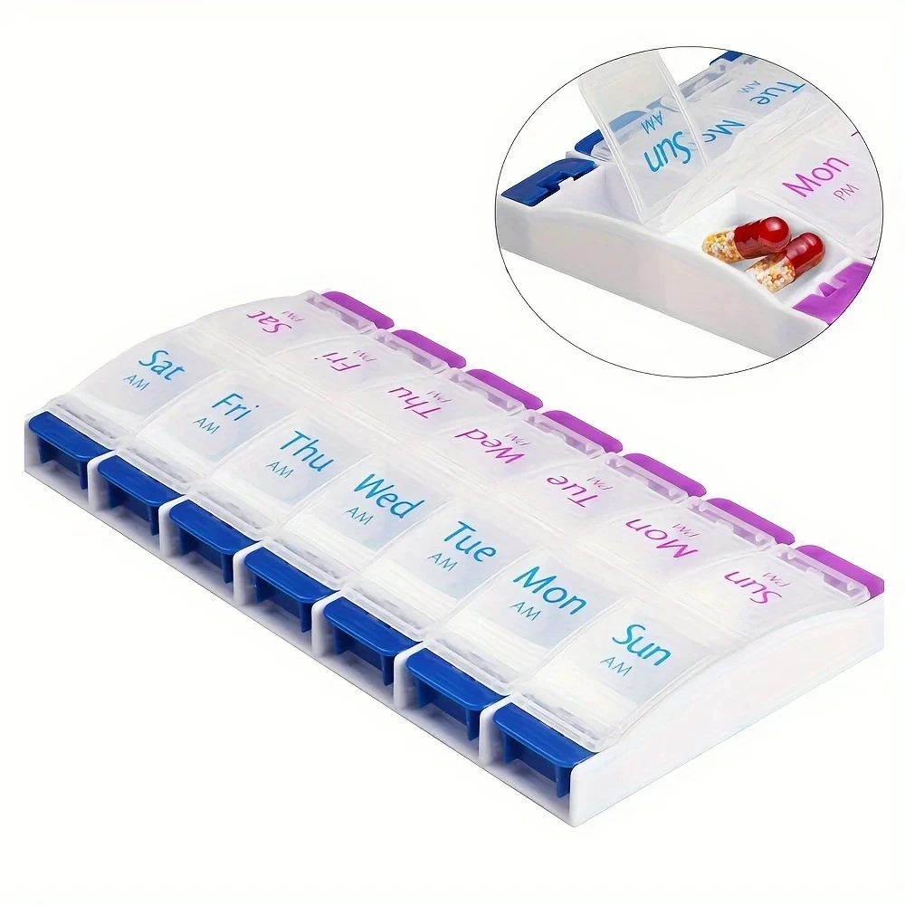 7 Day Push Button Large Tray 14-Compartment Meds Box Container Holder AM PM for Medication, Vitamin, Supplement