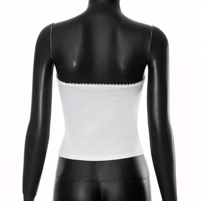 Top de corsé blanco sin mangas de verano con estampado de letras de oso bonito, top corto sexy ajustado para mujer, ropa de moda con lazo de encaje, ropa de mujer