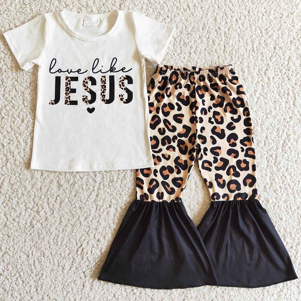 

Wholesale Children`s Clothes Girls Leopard Bell Bottom Outfits Jesus Easter Boutique Baby Girl Clothes Fashion Kids Clothing Set