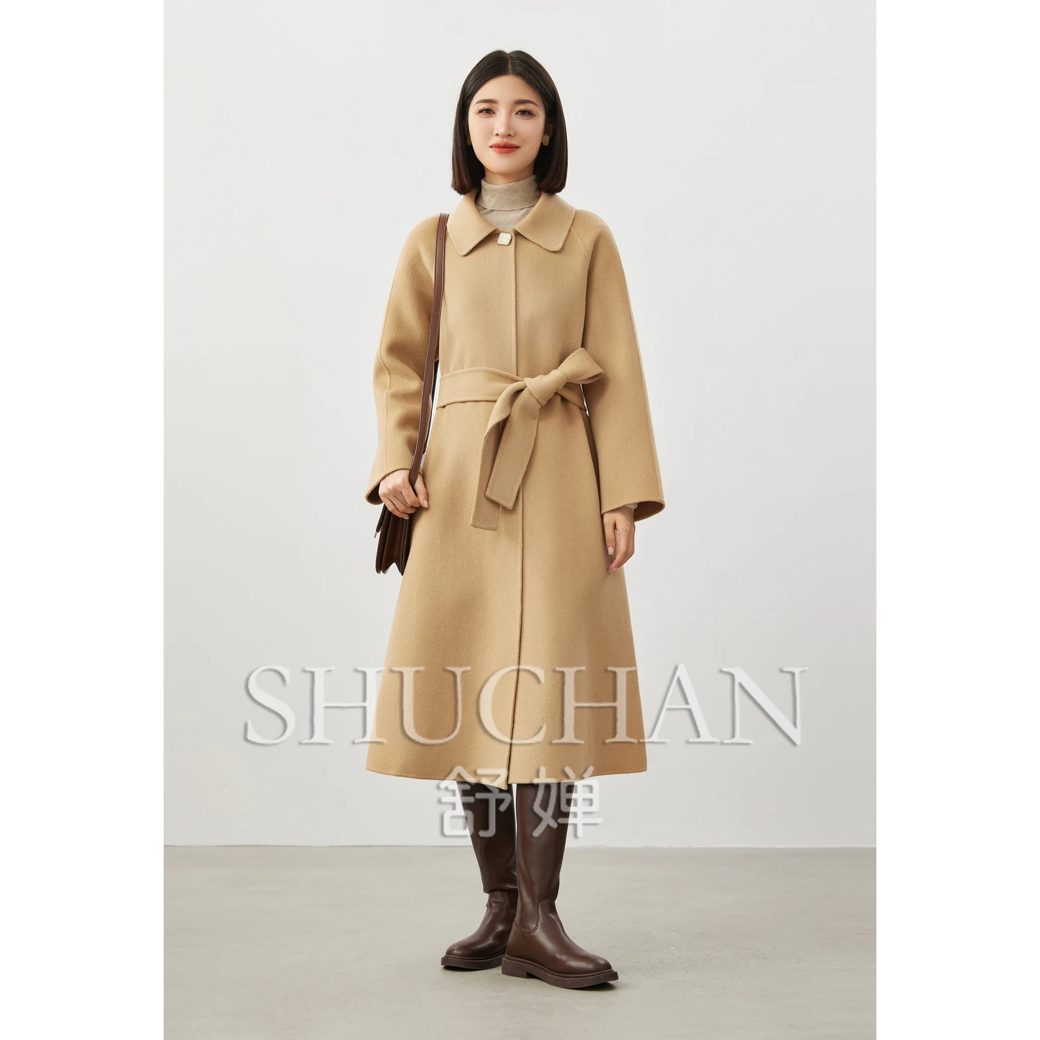 

SHUCHAN casacos femininos inverno 2023 casaco feminino Adjustable Waist vintage Turn-down Collar A-LINE coat women