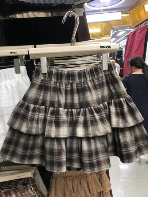 High Waist Plaid Cake ort Skirt for plus Size Women Spring Summer New Sle f Body Skirt with Lace Hemline College Sle