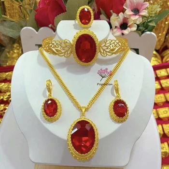 Popodion Dubai New 24K Gold Plated Wedding Necklace Earrings Ring Bracelets Wedding Jewelry Set for Women DD10336