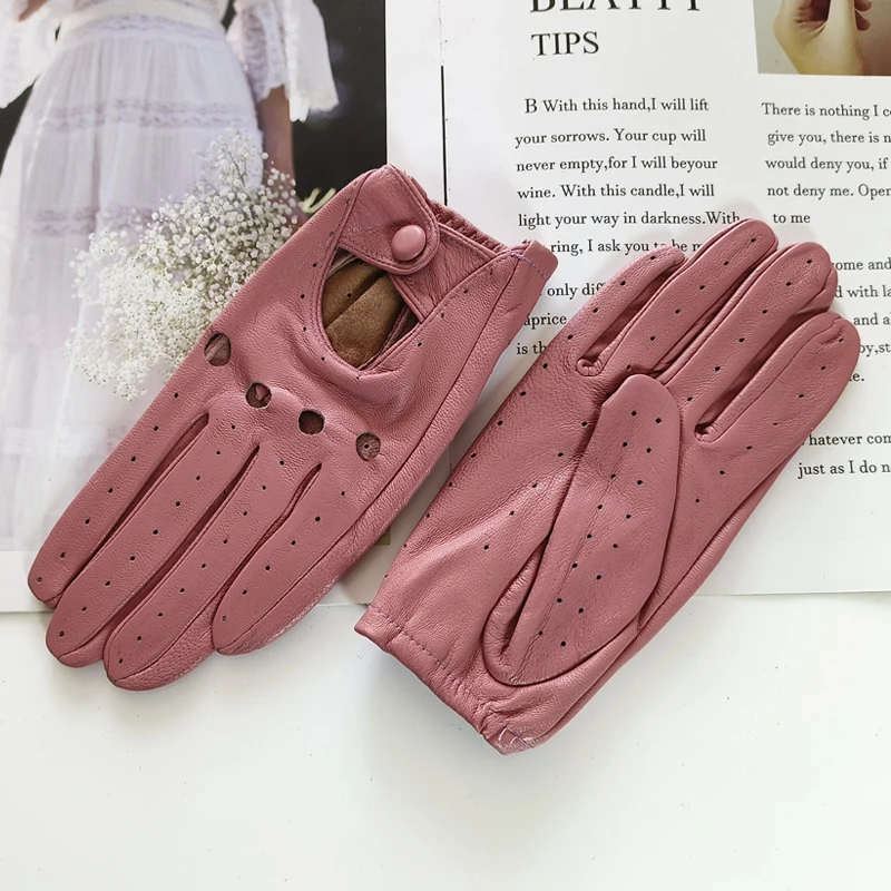 Thin Women's Sheepskin Driver Gloves Summer Breathable Snap Button Colored Genuine Leather Gloves