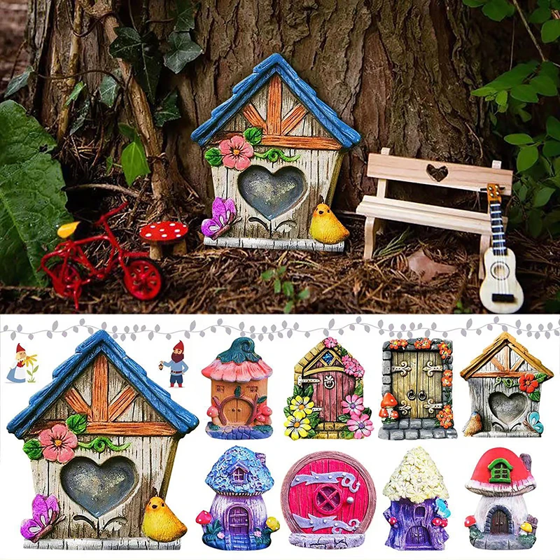 

Fairy Gnome Door Figurines Elf Home Wooden Fairy Garden Window Door Art Tree Sculpture Statues Ornament Outdoor Decoration